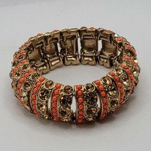 J Crew Orange & Gold Striped Crystal Stretch Bracelet